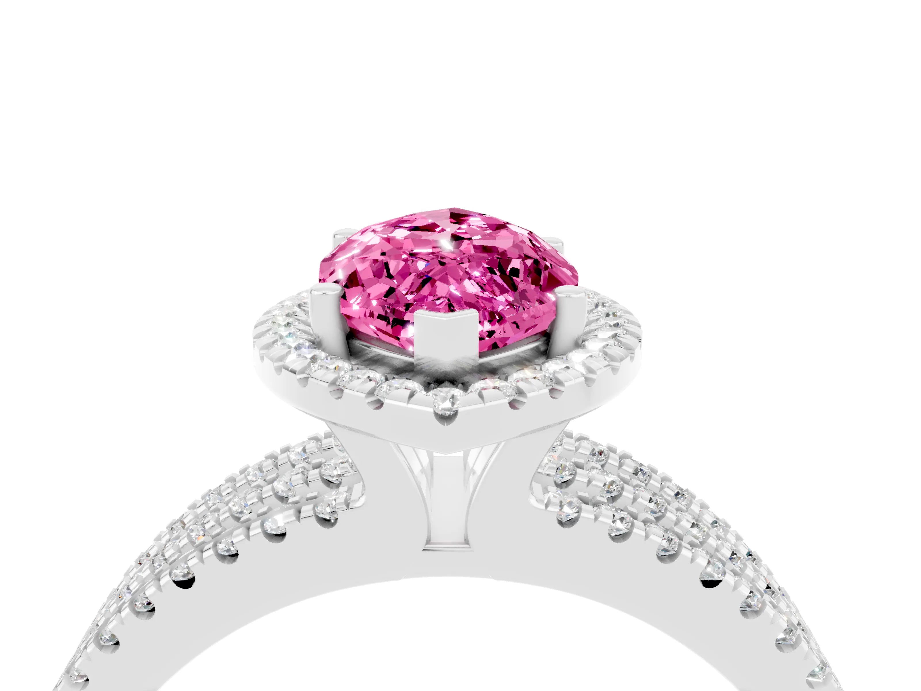 White gold {shape_name} Pink Sapphire Halo Engagement Ring with Split Shank and Four-Prong Setting_4