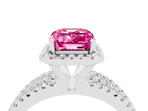 White gold {shape_name} Pink Sapphire Halo Engagement Ring with Split Shank and Four-Prong Setting_4