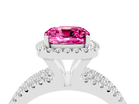 White gold {shape_name} Pink Sapphire Halo Engagement Ring with Split Shank and Four-Prong Setting_4