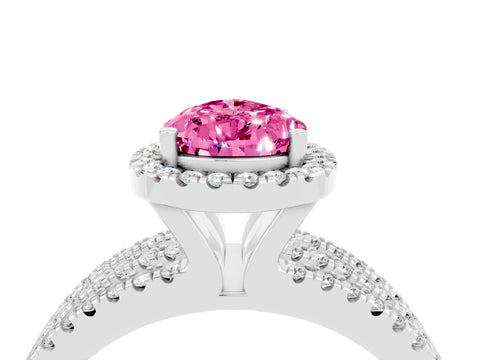 White gold {shape_name} Pink Sapphire Halo Engagement Ring with Split Shank and Four-Prong Setting_4