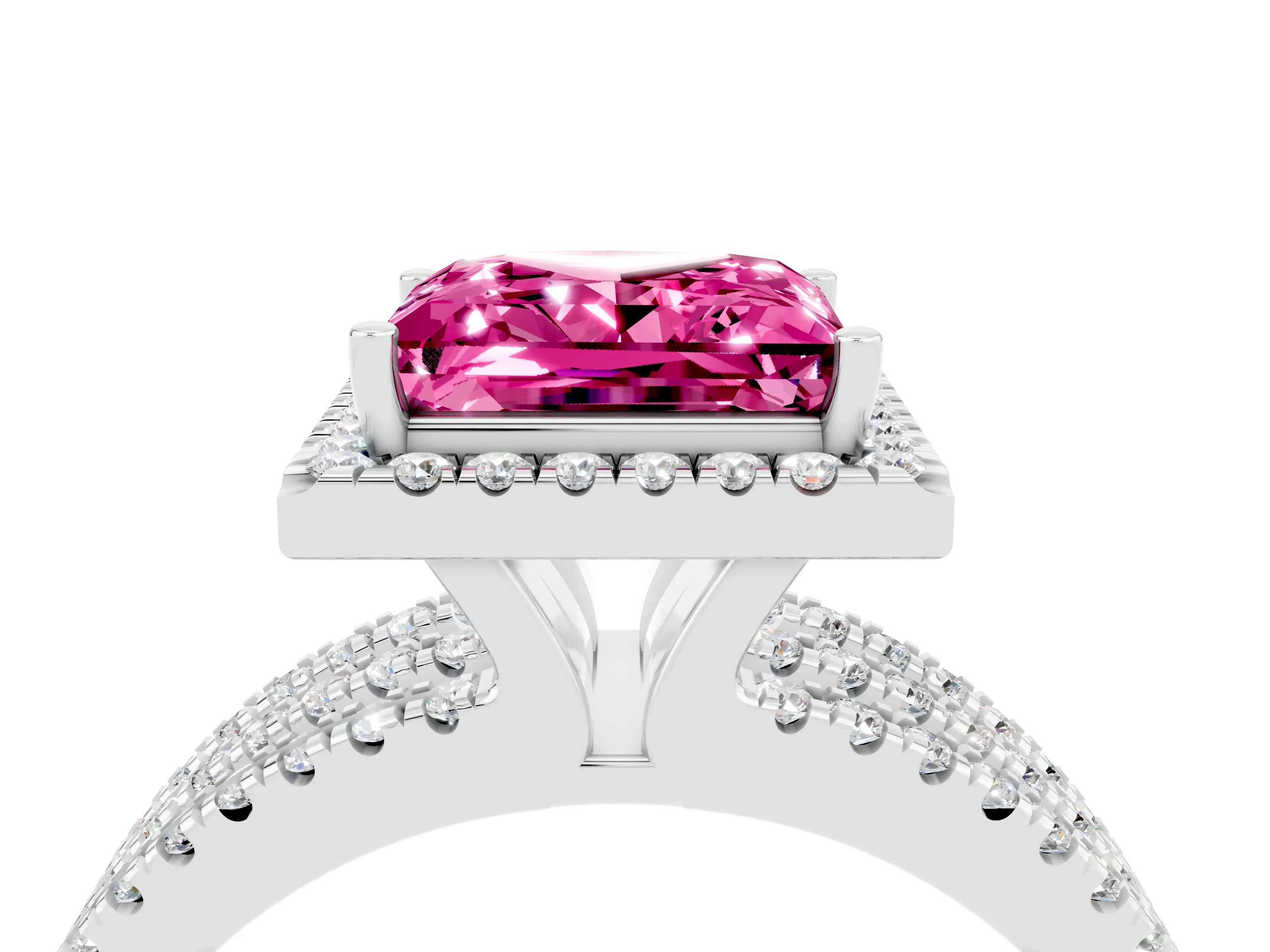 White gold {shape_name} Pink Sapphire Halo Engagement Ring with Split Shank and Four-Prong Setting_4