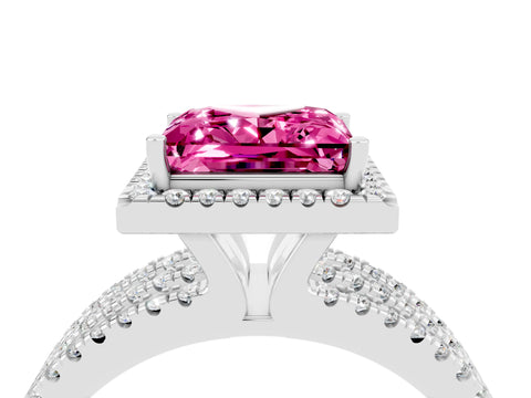 White gold {shape_name} Pink Sapphire Halo Engagement Ring with Split Shank and Four-Prong Setting_4