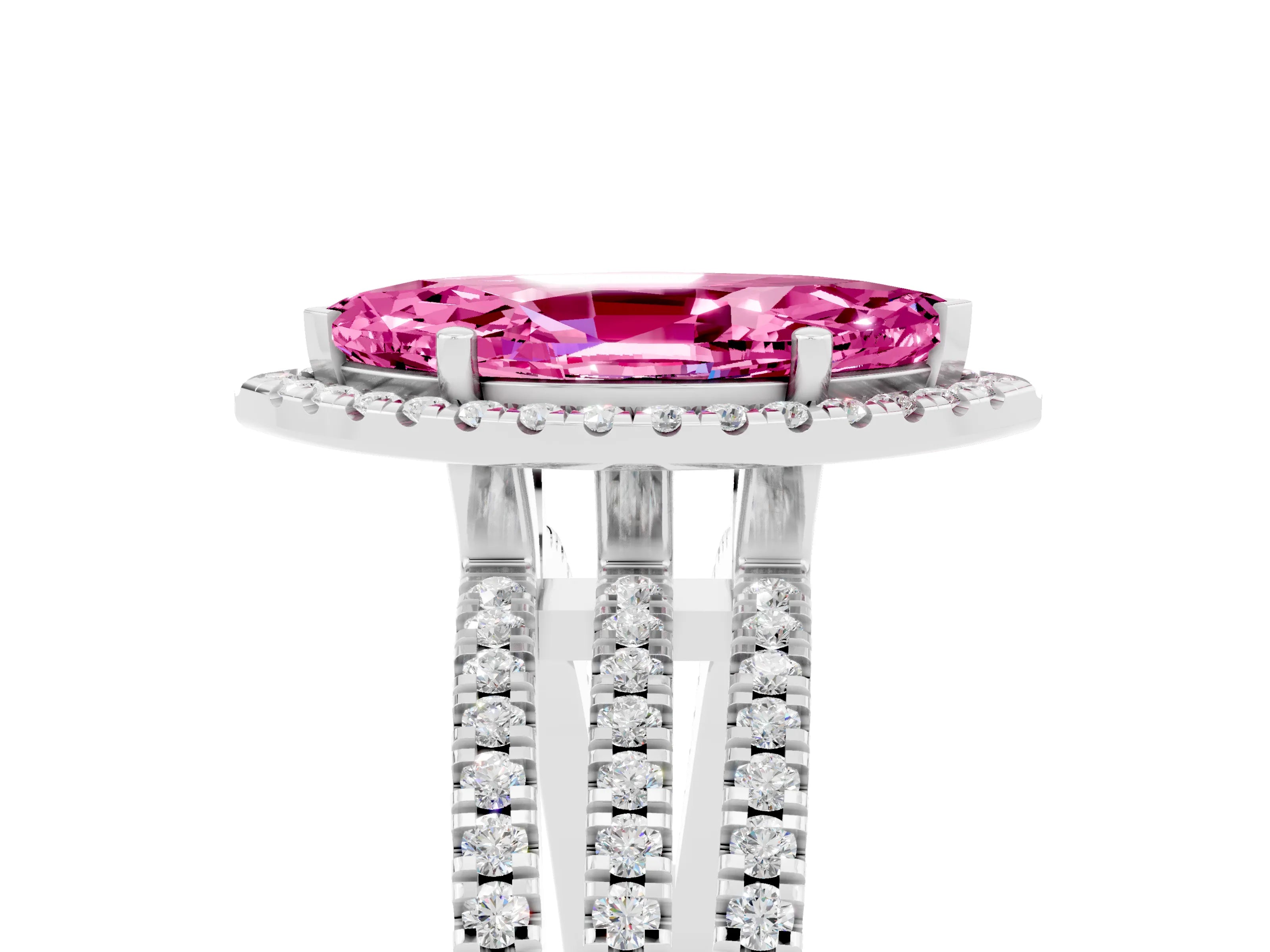 White gold {shape_name} Pink Sapphire Halo Engagement Ring with Split Shank and Four-Prong Setting_5