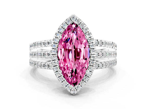 Silver Marquise Cut Pink Sapphire Halo Engagement Ring with Split Shank and Four-Prong Setting