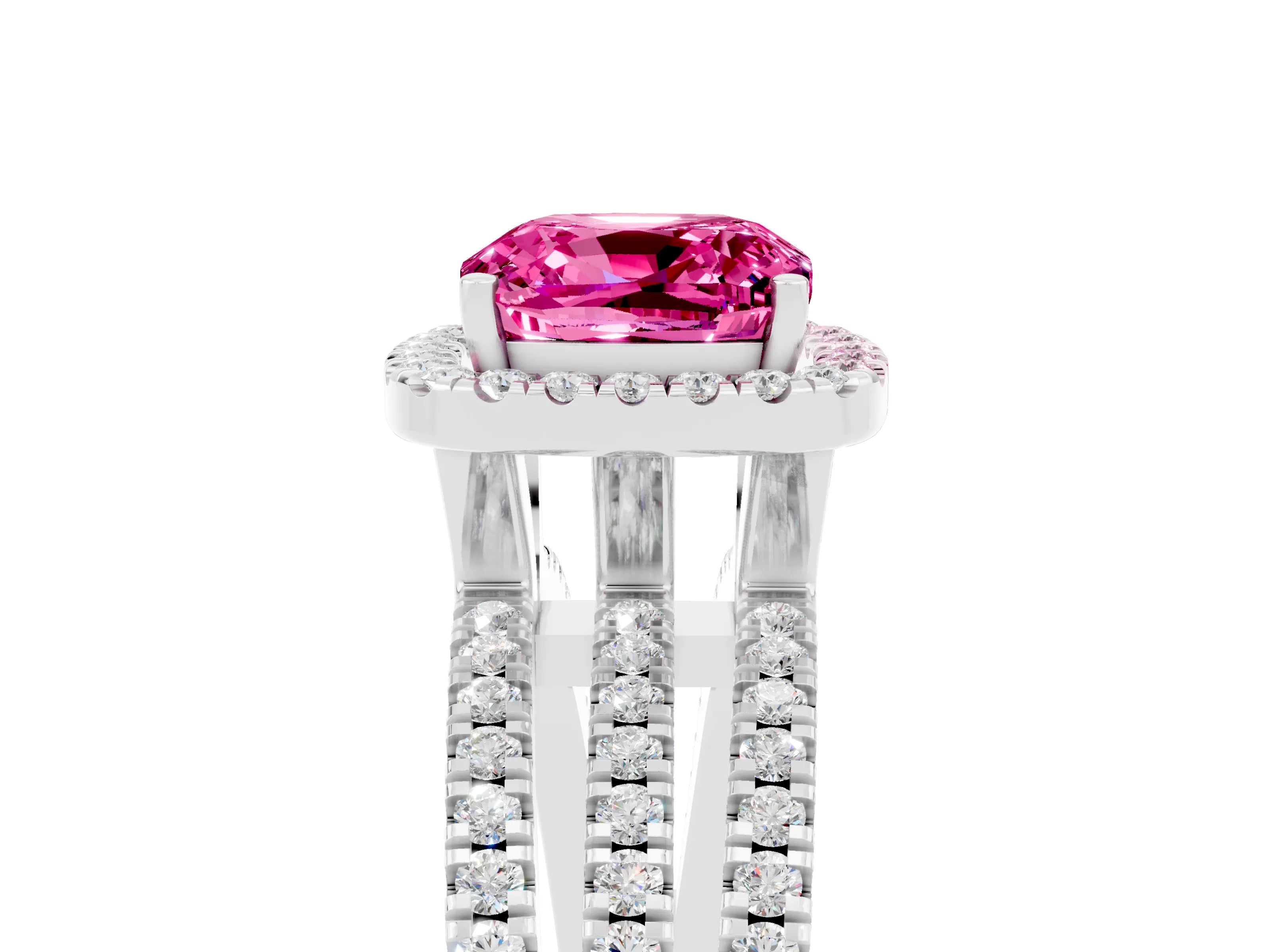 White gold {shape_name} Pink Sapphire Halo Engagement Ring with Split Shank and Four-Prong Setting_5