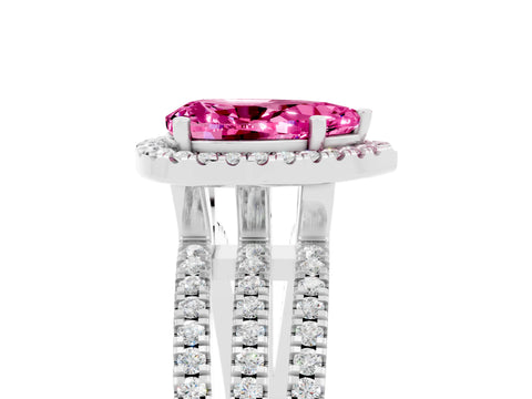 White gold {shape_name} Pink Sapphire Halo Engagement Ring with Split Shank and Four-Prong Setting_5