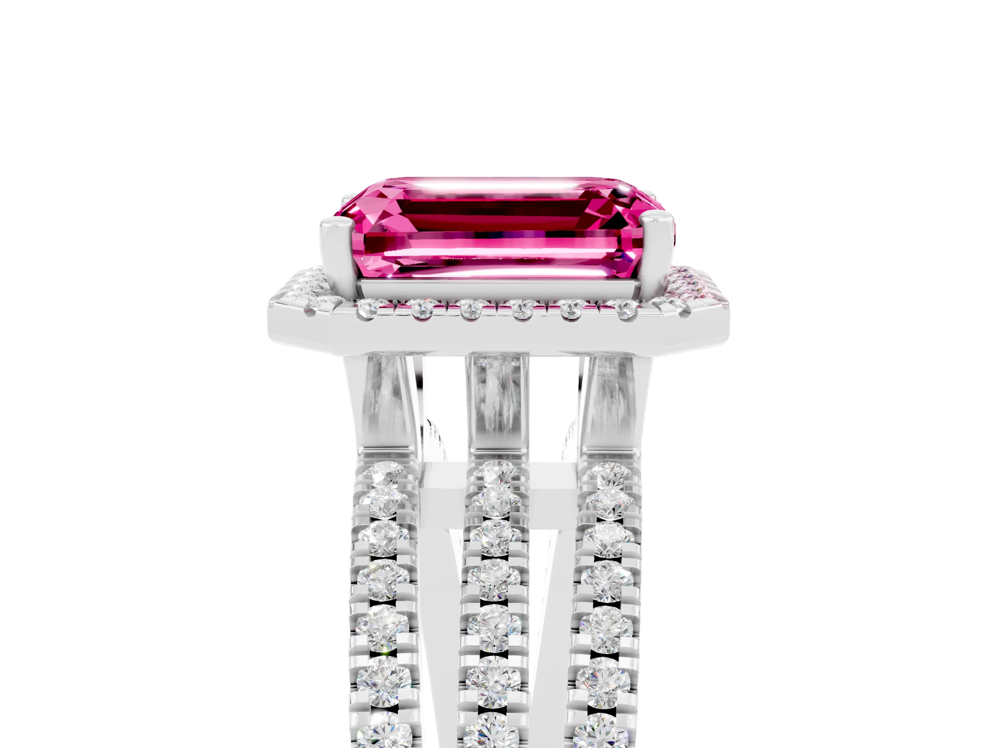 White gold {shape_name} Pink Sapphire Halo Engagement Ring with Split Shank and Four-Prong Setting_5