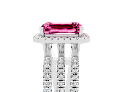 White gold {shape_name} Pink Sapphire Halo Engagement Ring with Split Shank and Four-Prong Setting_5