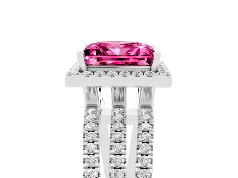 White gold {shape_name} Pink Sapphire Halo Engagement Ring with Split Shank and Four-Prong Setting_5