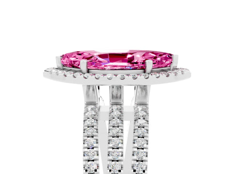 White gold {shape_name} Pink Sapphire Halo Engagement Ring with Split Shank and Four-Prong Setting_5