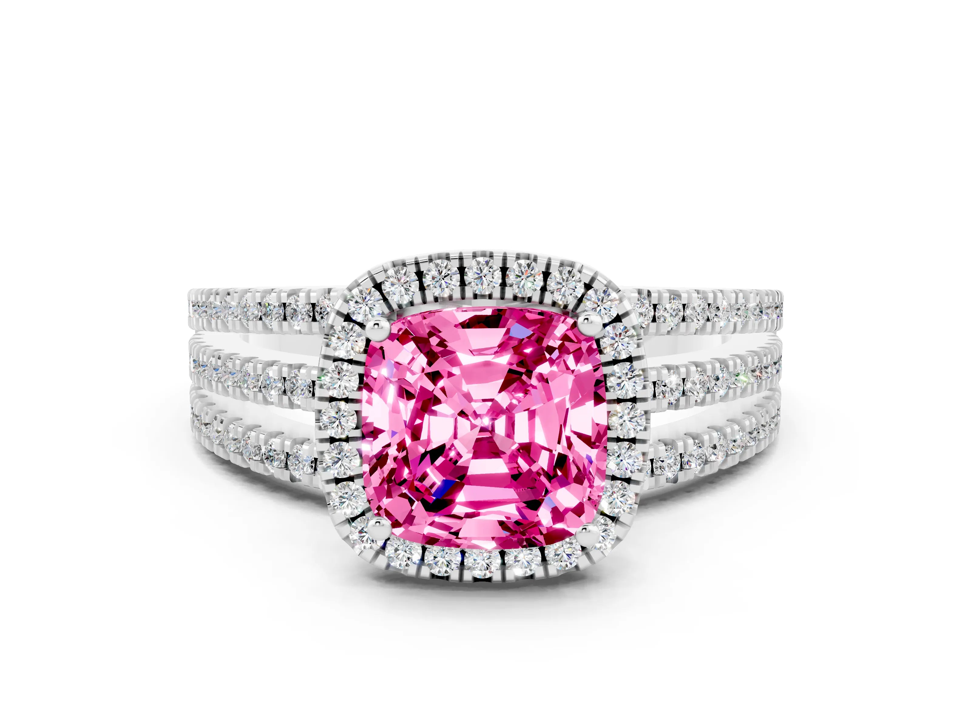 White gold {shape_name} Pink Sapphire Halo Engagement Ring with Split Shank and Four-Prong Setting