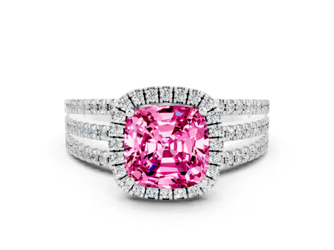 White gold {shape_name} Pink Sapphire Halo Engagement Ring with Split Shank and Four-Prong Setting