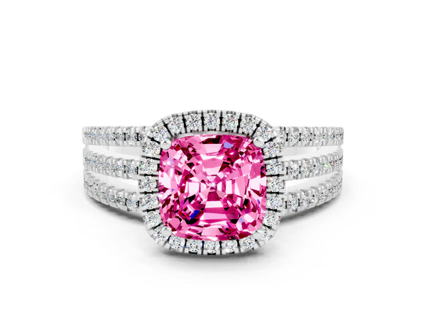 Silver Cushion Cut Pink Sapphire Halo Engagement Ring with Split Shank and Four-Prong Setting