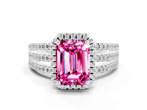 Platinum Emerald Cut Pink Sapphire Halo Engagement Ring with Split Shank and Four-Prong Setting