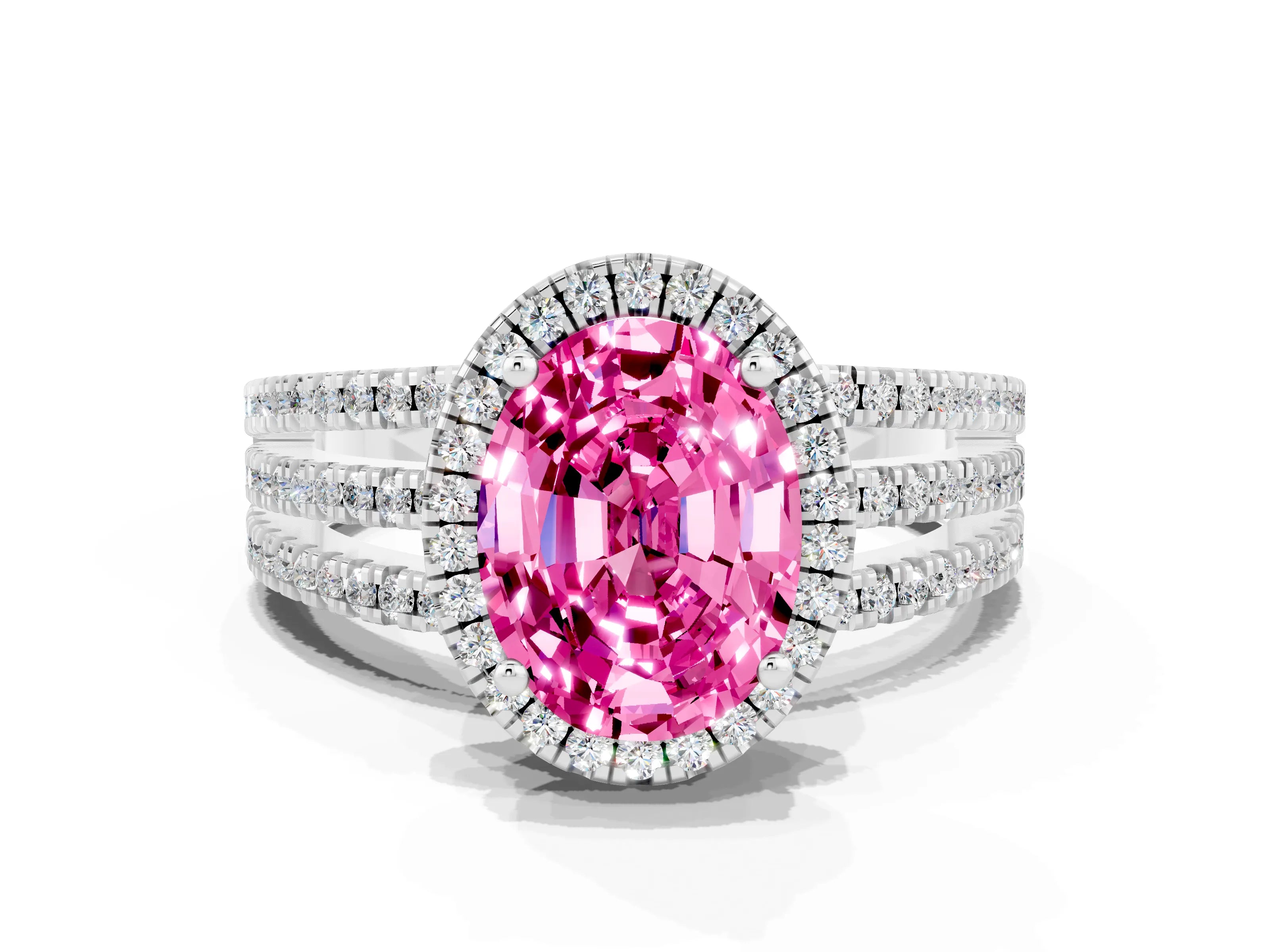 White gold {shape_name} Pink Sapphire Halo Engagement Ring with Split Shank and Four-Prong Setting