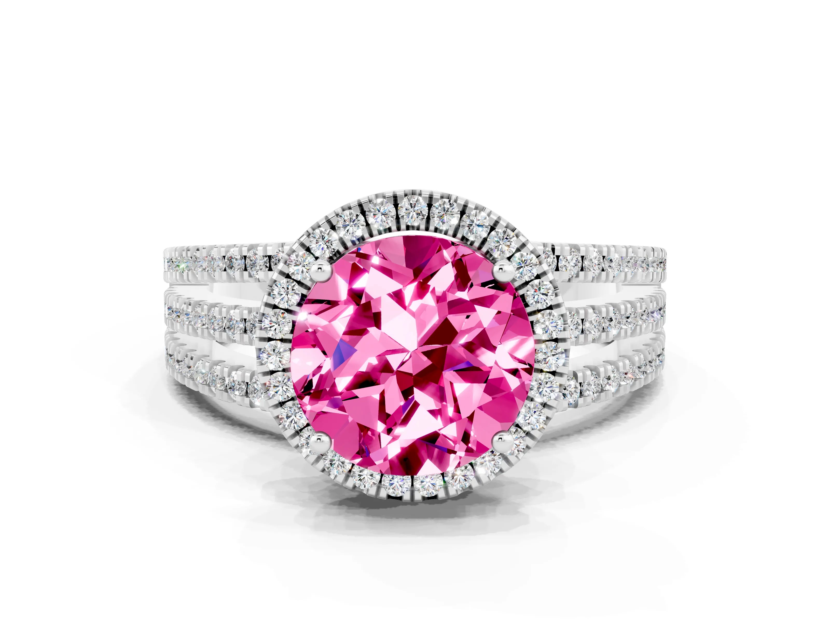 White gold {shape_name} Pink Sapphire Halo Engagement Ring with Split Shank and Four-Prong Setting