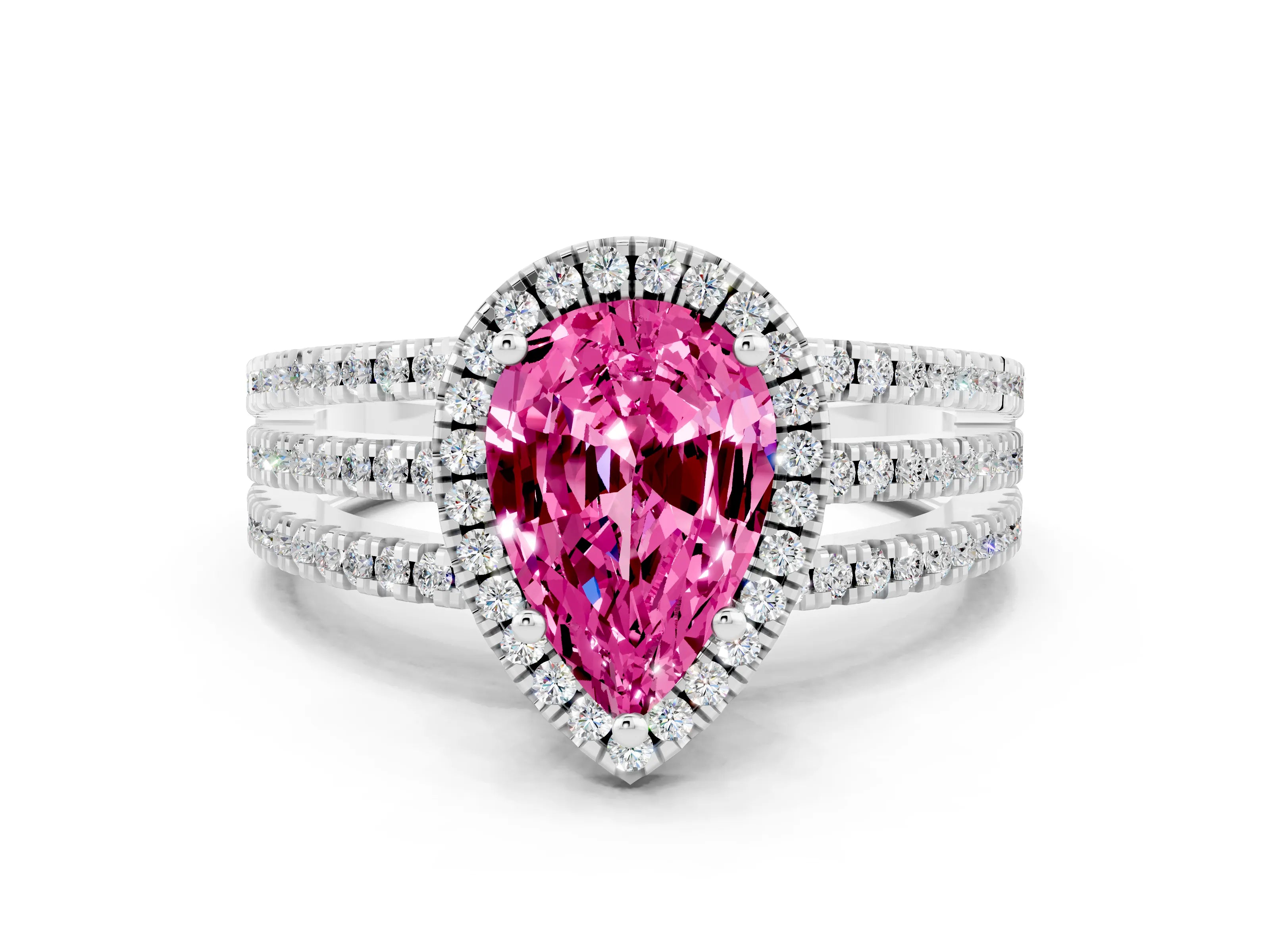 White gold {shape_name} Pink Sapphire Halo Engagement Ring with Split Shank and Four-Prong Setting
