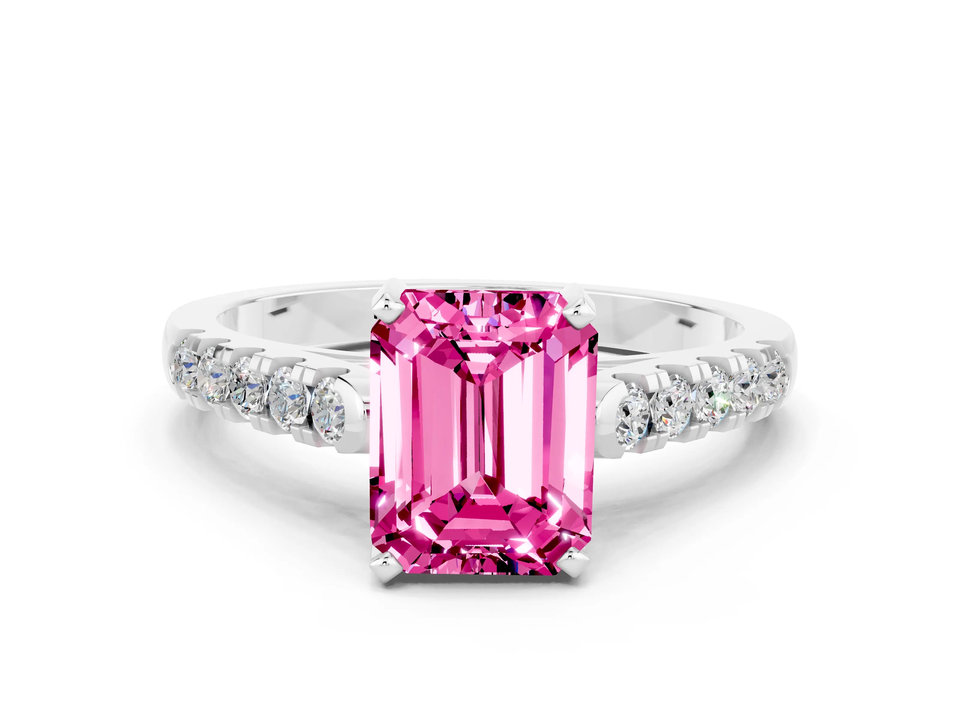 White gold {shape_name} Pink Sapphire Solitaire Ring with Pavé Band and Four-Prong Setting