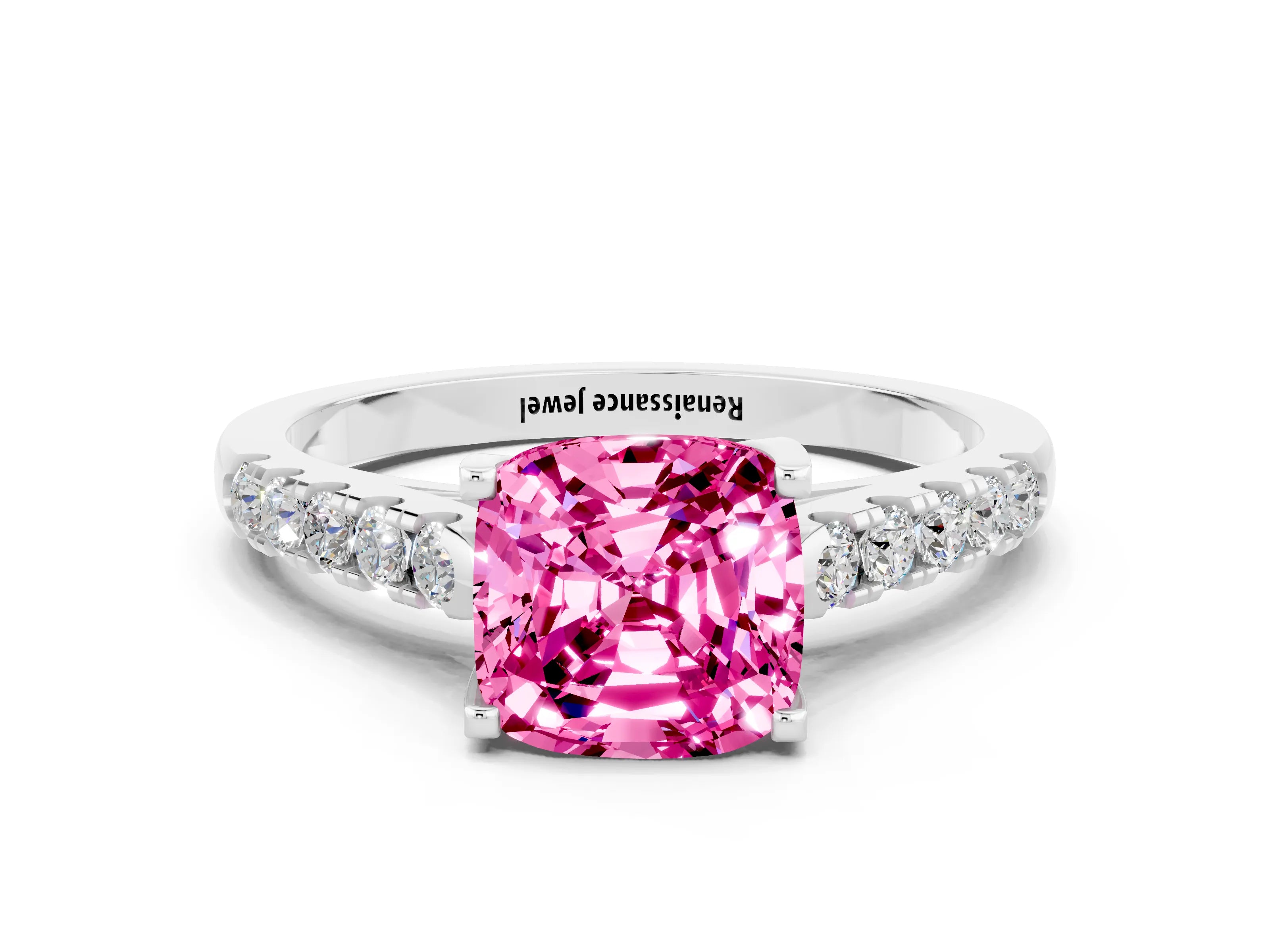 White gold {shape_name} Pink Sapphire Solitaire Ring with Pavé Band and Four-Prong Setting_12