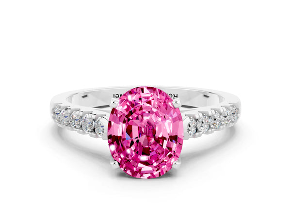 White gold Oval Cut Pink Sapphire Pavé Band Solitaire Ring with Prong Setting