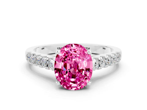 White gold {shape_name} Pink Sapphire Solitaire Ring with Pavé Band and Four-Prong Setting_12