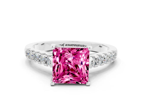White gold {shape_name} Pink Sapphire Solitaire Ring with Pavé Band and Four-Prong Setting_12