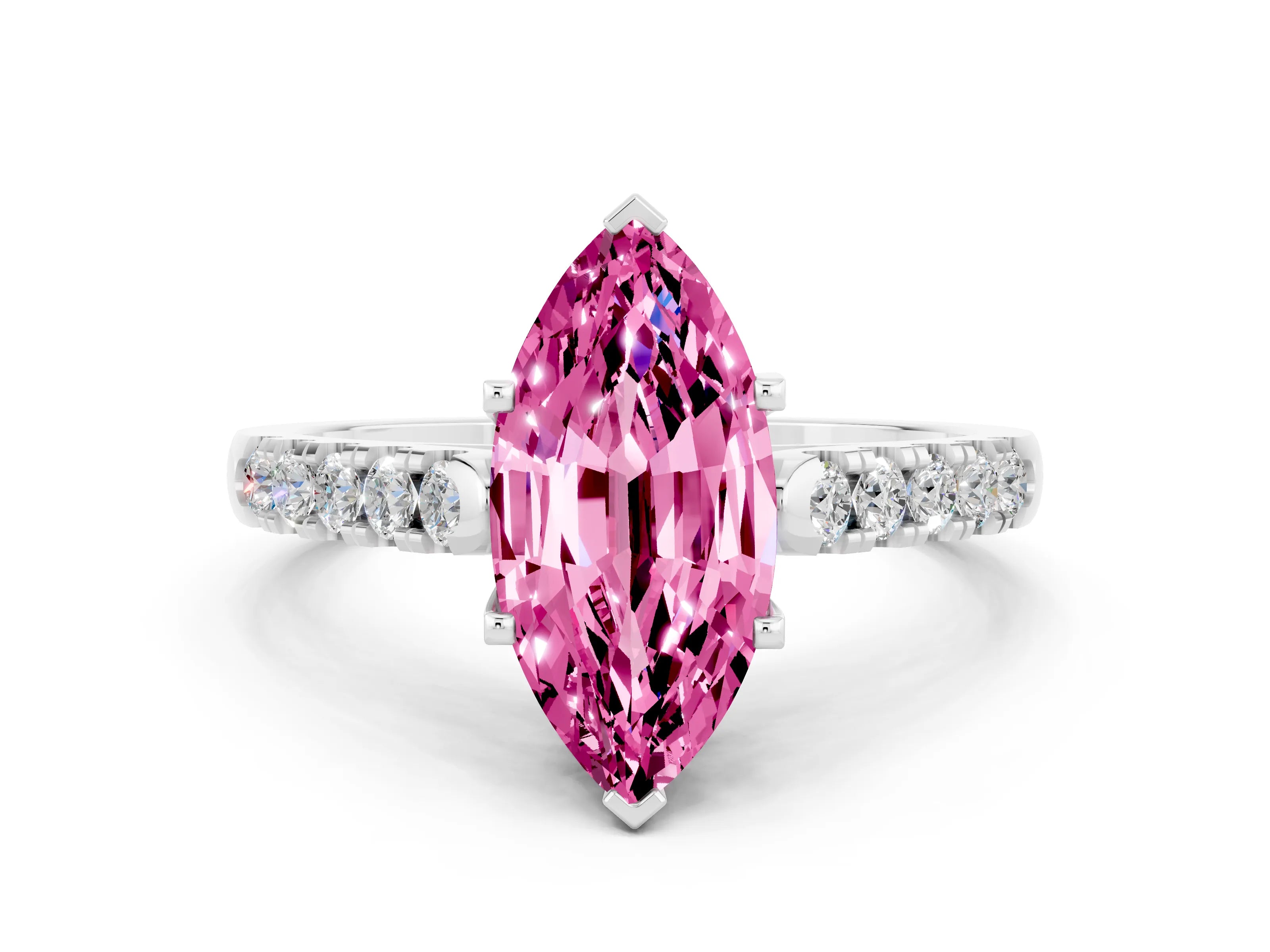 White gold {shape_name} Pink Sapphire Solitaire Ring with Pavé Band and Four-Prong Setting_12