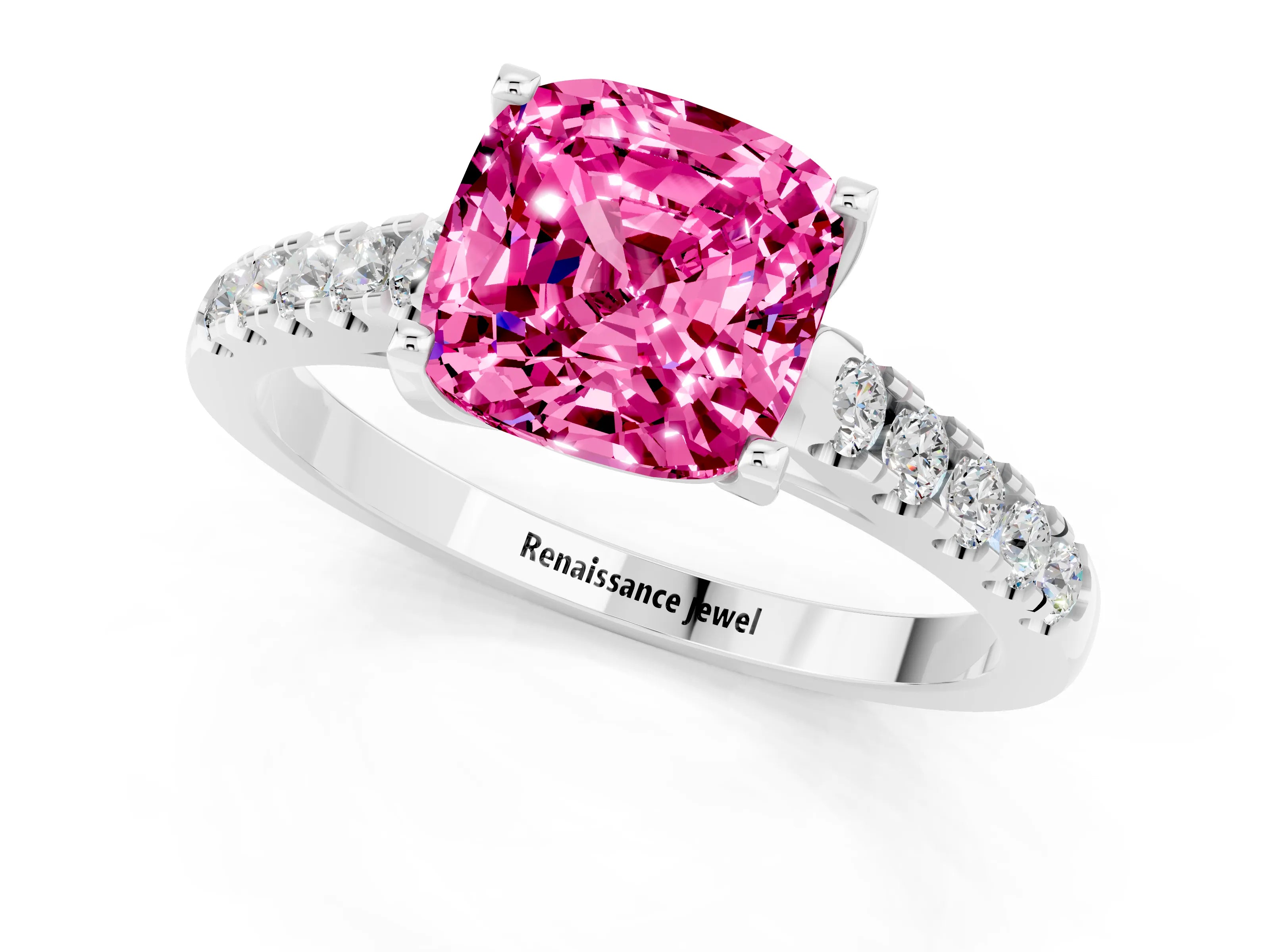 White gold {shape_name} Pink Sapphire Solitaire Ring with Pavé Band and Four-Prong Setting_13