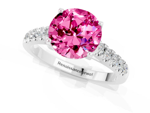 White gold {shape_name} Pink Sapphire Solitaire Ring with Pavé Band and Four-Prong Setting_13