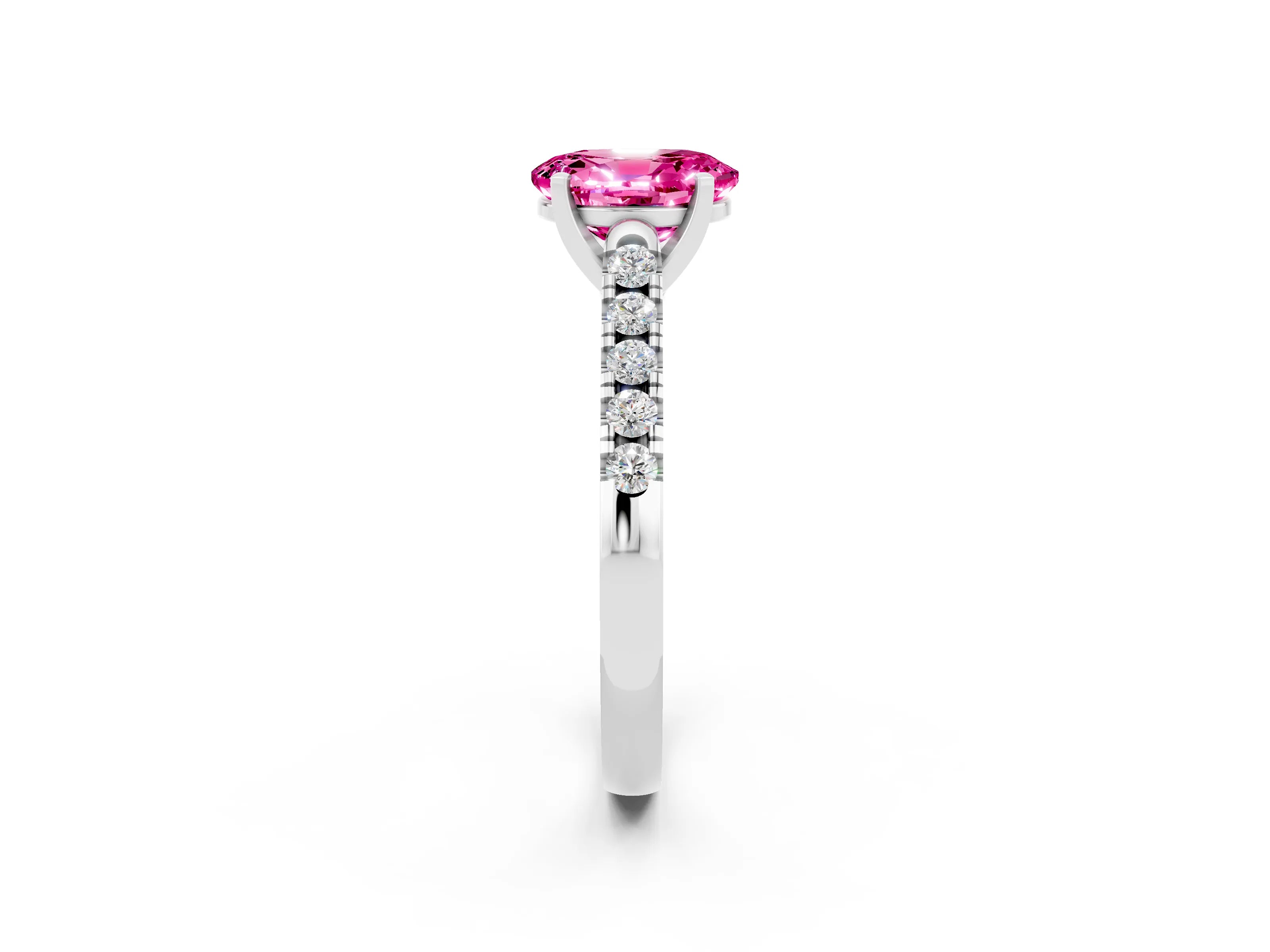 White gold {shape_name} Pink Sapphire Solitaire Ring with Pavé Band and Four-Prong Setting_14