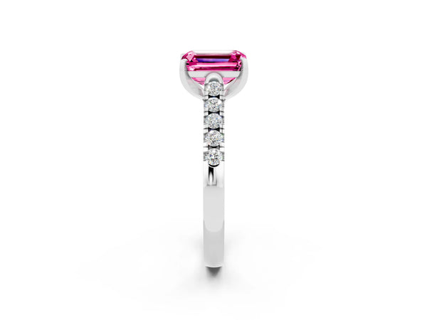White gold Emerald Cut Pink Sapphire Pavé Band Solitaire Ring with Prong Setting