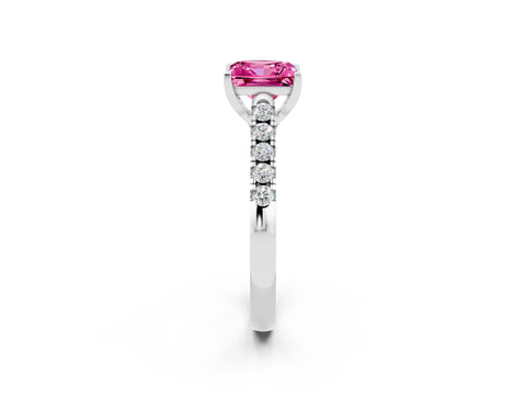 White gold {shape_name} Pink Sapphire Solitaire Ring with Pavé Band and Four-Prong Setting_14