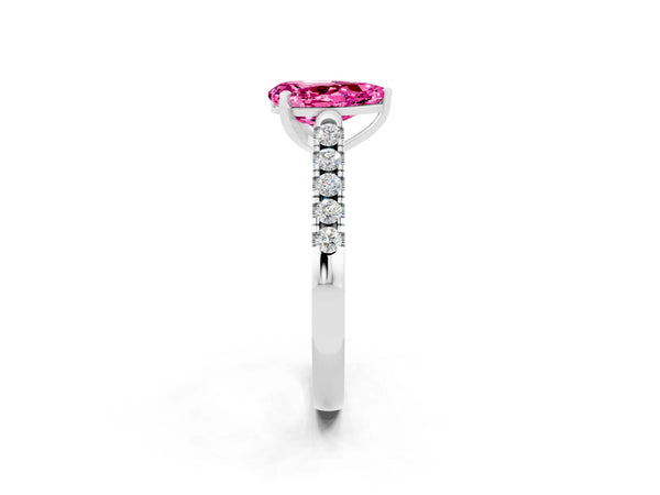 White gold Pear Cut Pink Sapphire Pavé Band Solitaire Ring with Prong Setting