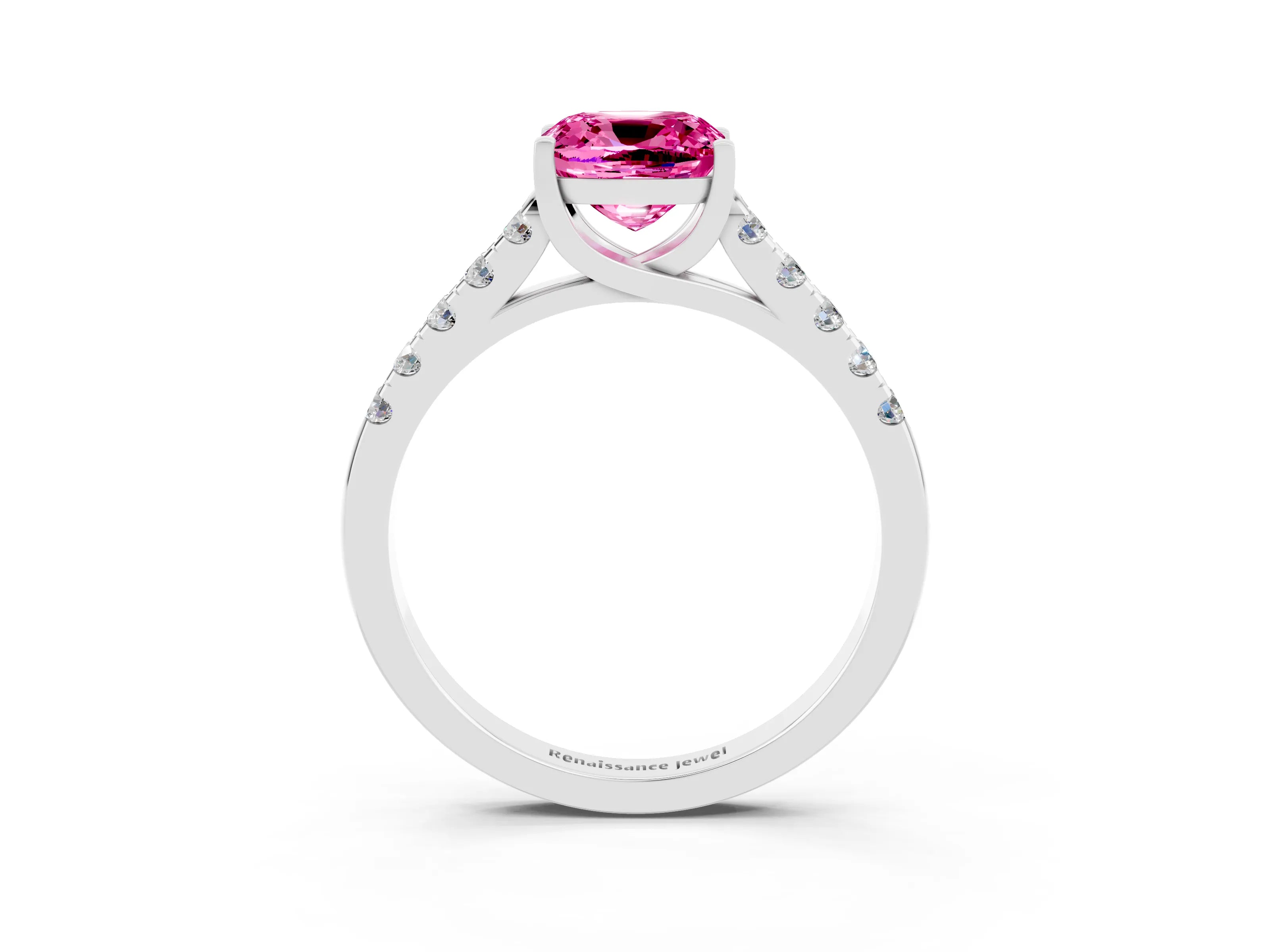White gold {shape_name} Pink Sapphire Solitaire Ring with Pavé Band and Four-Prong Setting_15