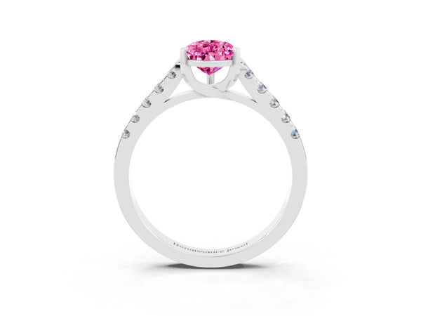 White gold Pear Cut Pink Sapphire Pavé Band Solitaire Ring with Prong Setting