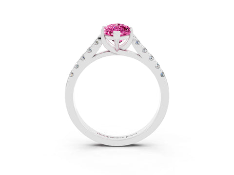 White gold {shape_name} Pink Sapphire Solitaire Ring with Pavé Band and Four-Prong Setting_15