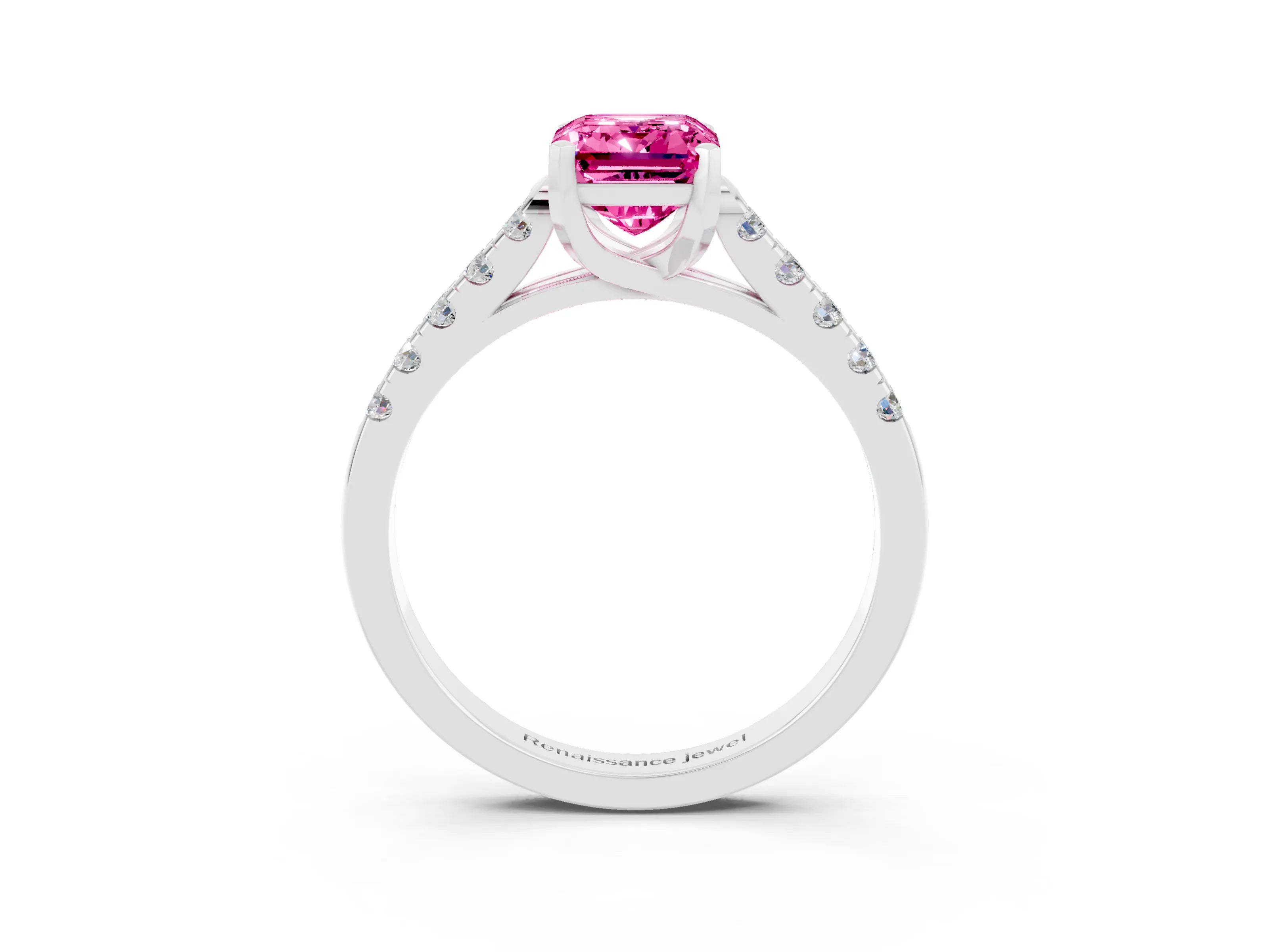 White gold {shape_name} Pink Sapphire Solitaire Ring with Pavé Band and Four-Prong Setting_15