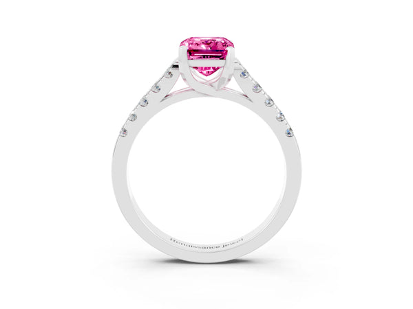 White gold Emerald Cut Pink Sapphire Pavé Band Solitaire Ring with Prong Setting