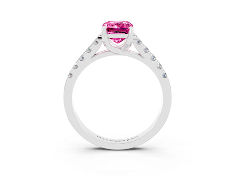 White gold {shape_name} Pink Sapphire Solitaire Ring with Pavé Band and Four-Prong Setting_15