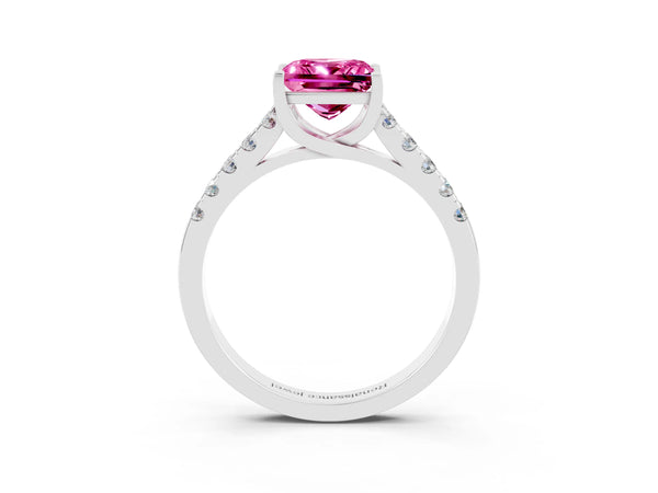 White gold Princess Cut Pink Sapphire Pavé Band Solitaire Ring with Prong Setting