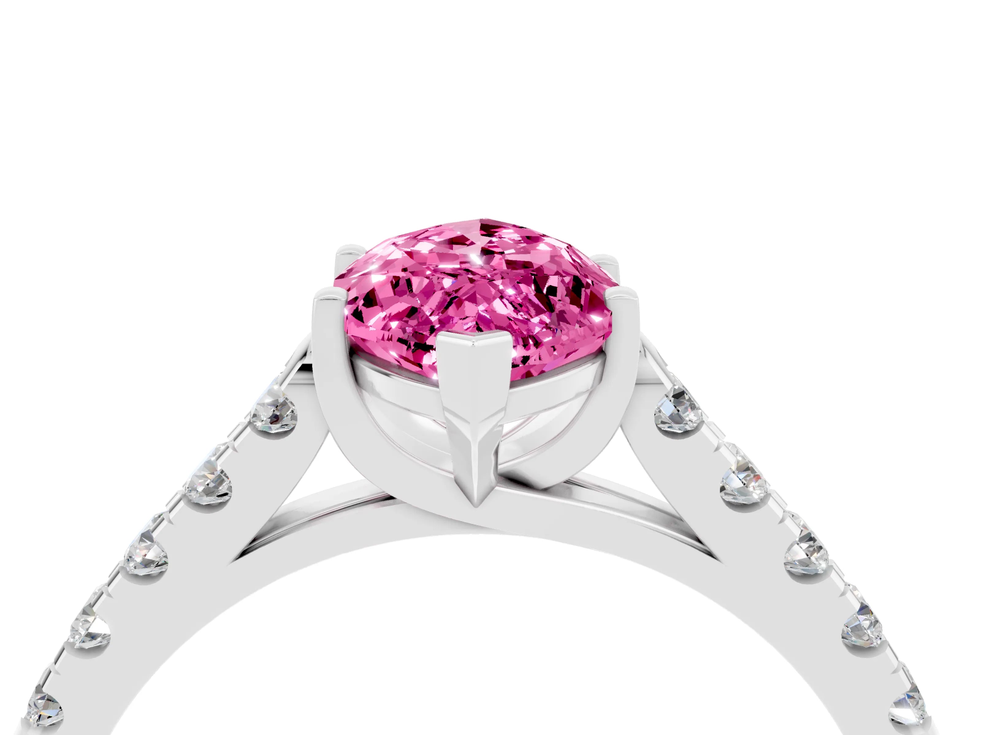 White gold {shape_name} Pink Sapphire Solitaire Ring with Pavé Band and Four-Prong Setting_16