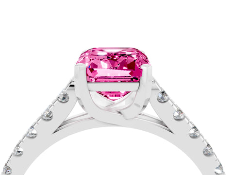 White gold {shape_name} Pink Sapphire Solitaire Ring with Pavé Band and Four-Prong Setting_16