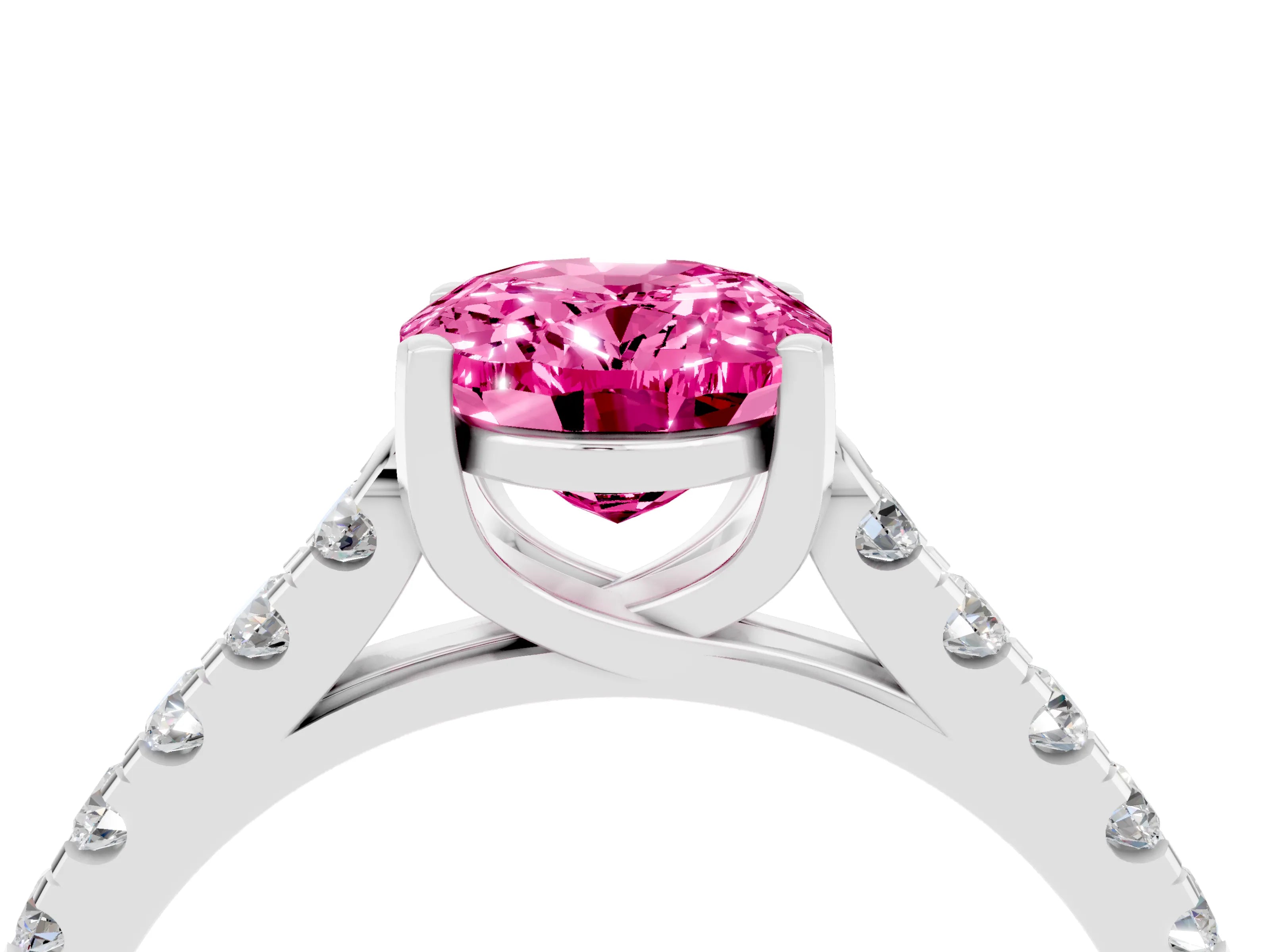 White gold {shape_name} Pink Sapphire Solitaire Ring with Pavé Band and Four-Prong Setting_16