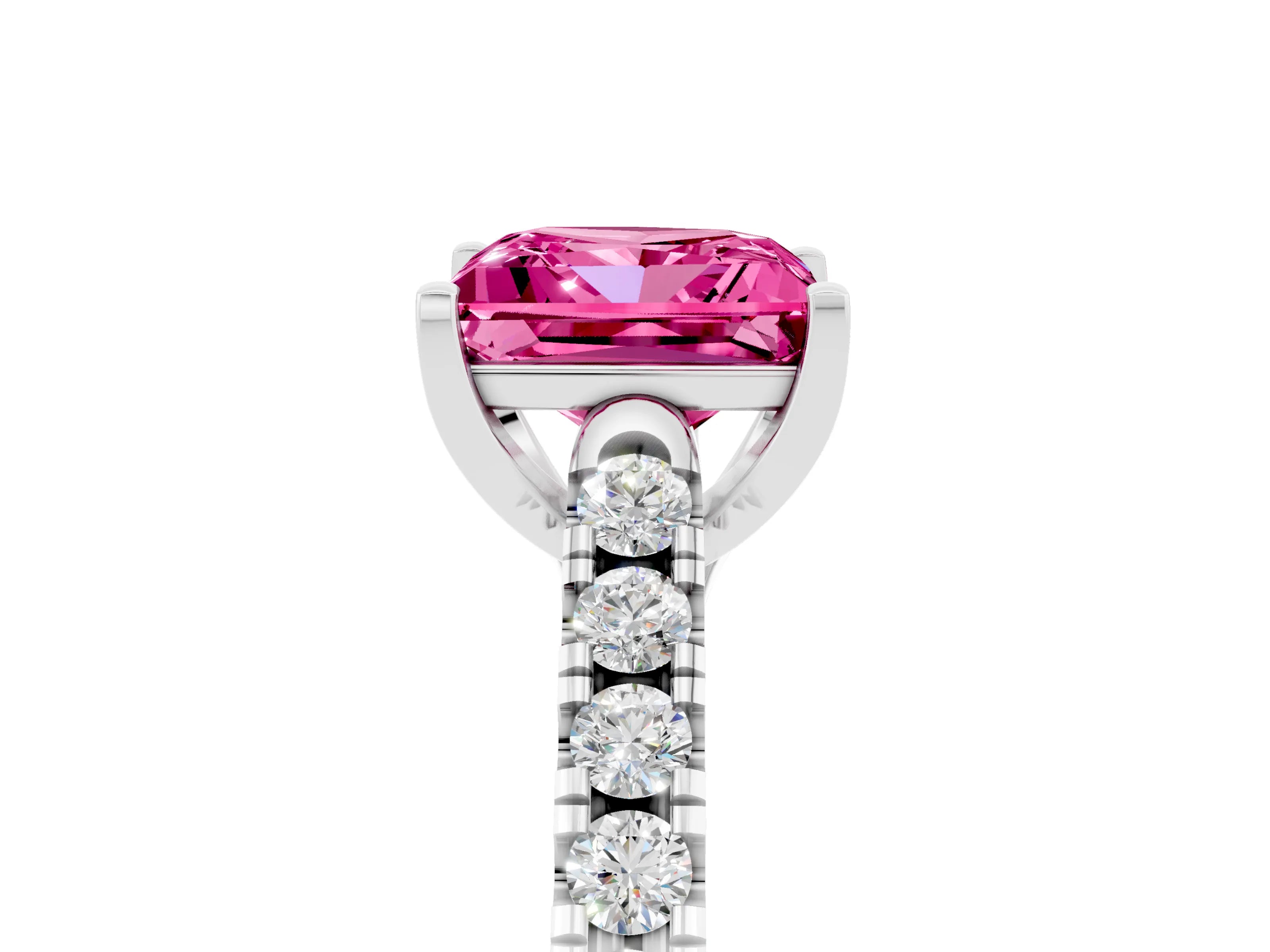White gold {shape_name} Pink Sapphire Solitaire Ring with Pavé Band and Four-Prong Setting_17