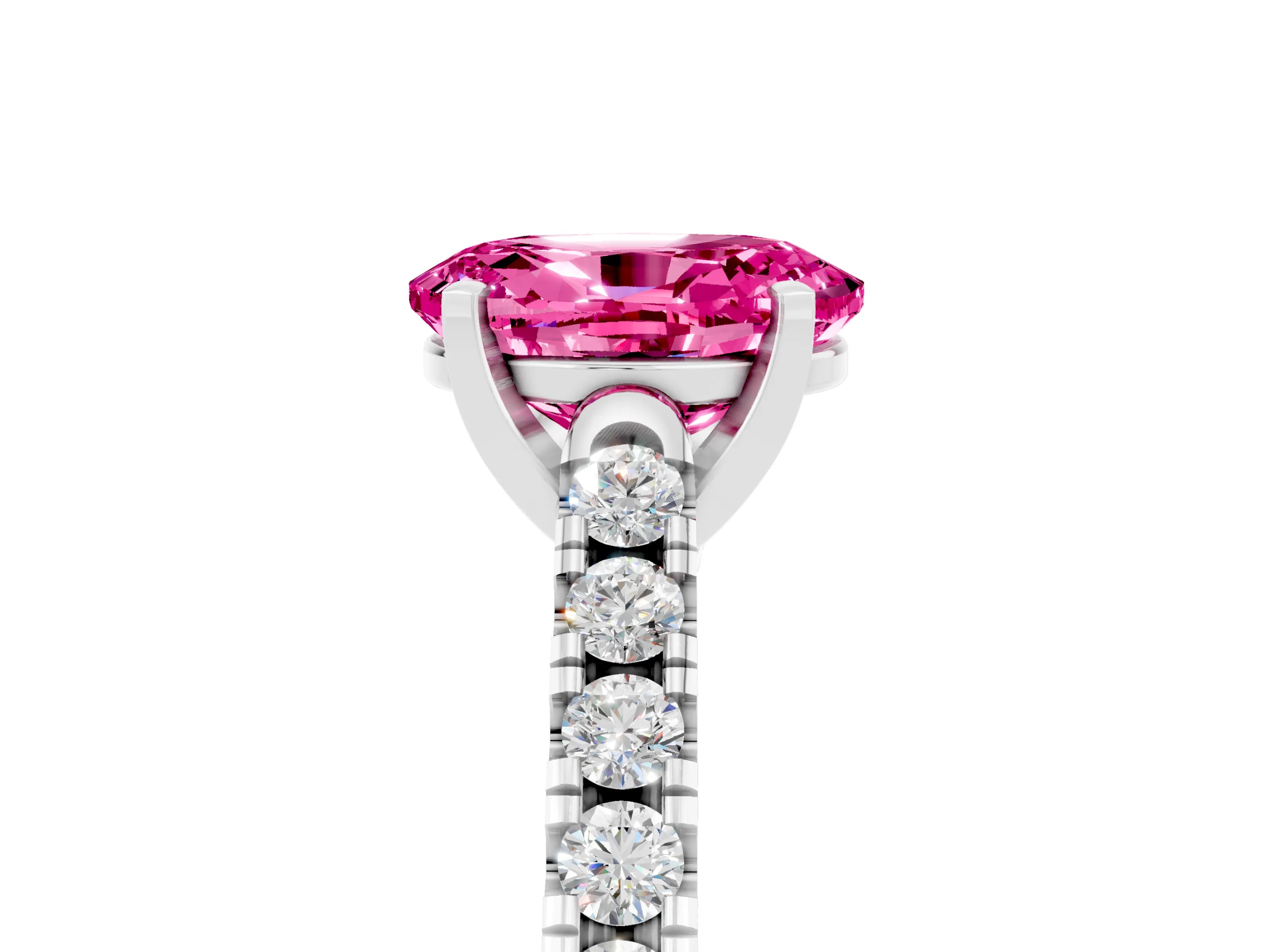 White gold {shape_name} Pink Sapphire Solitaire Ring with Pavé Band and Four-Prong Setting_17