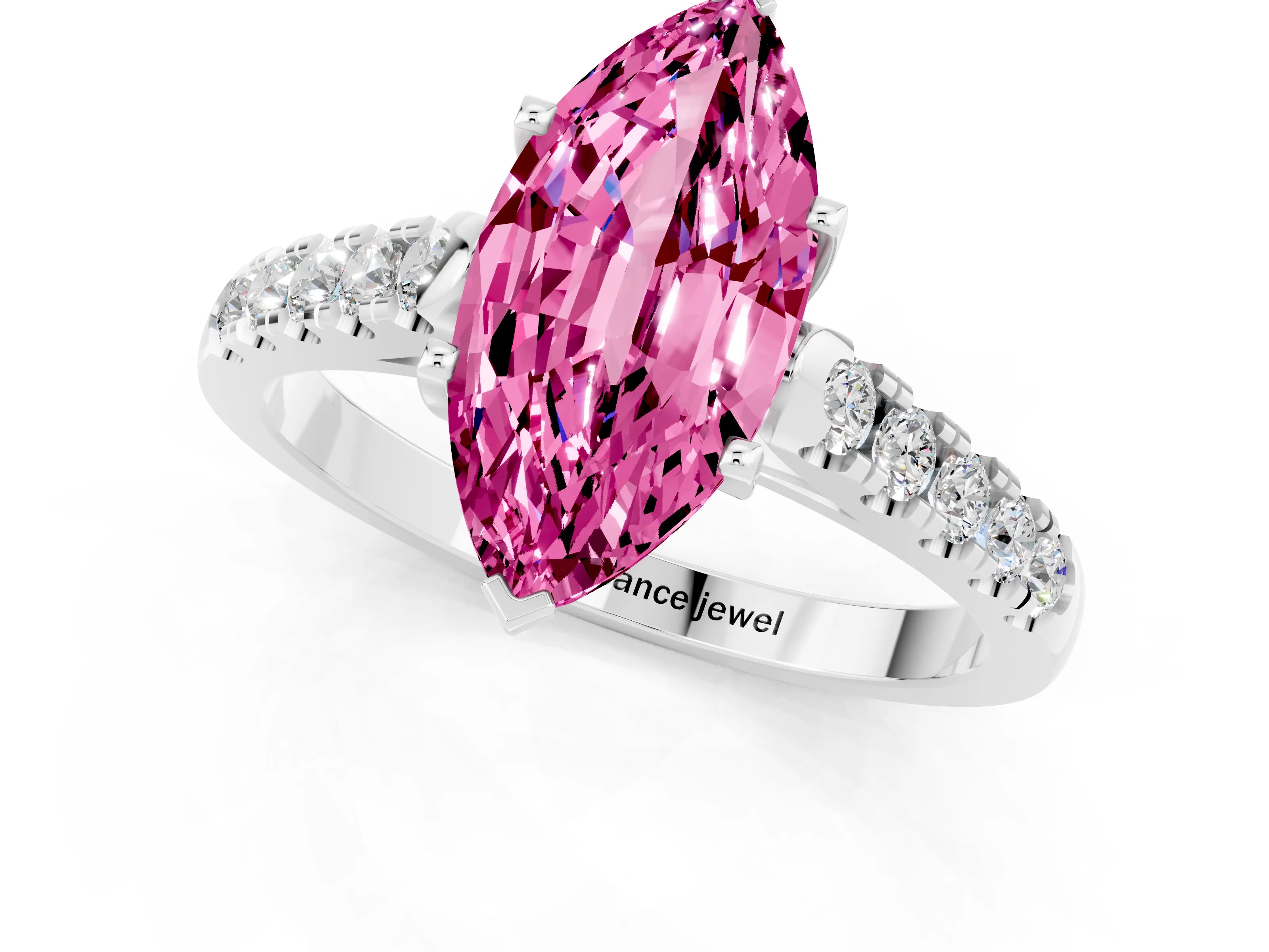 White gold {shape_name} Pink Sapphire Solitaire Ring with Pavé Band and Four-Prong Setting_1