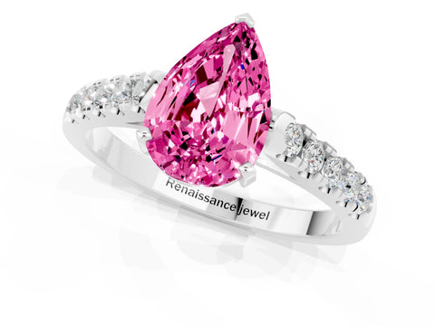 White gold {shape_name} Pink Sapphire Solitaire Ring with Pavé Band and Four-Prong Setting_1