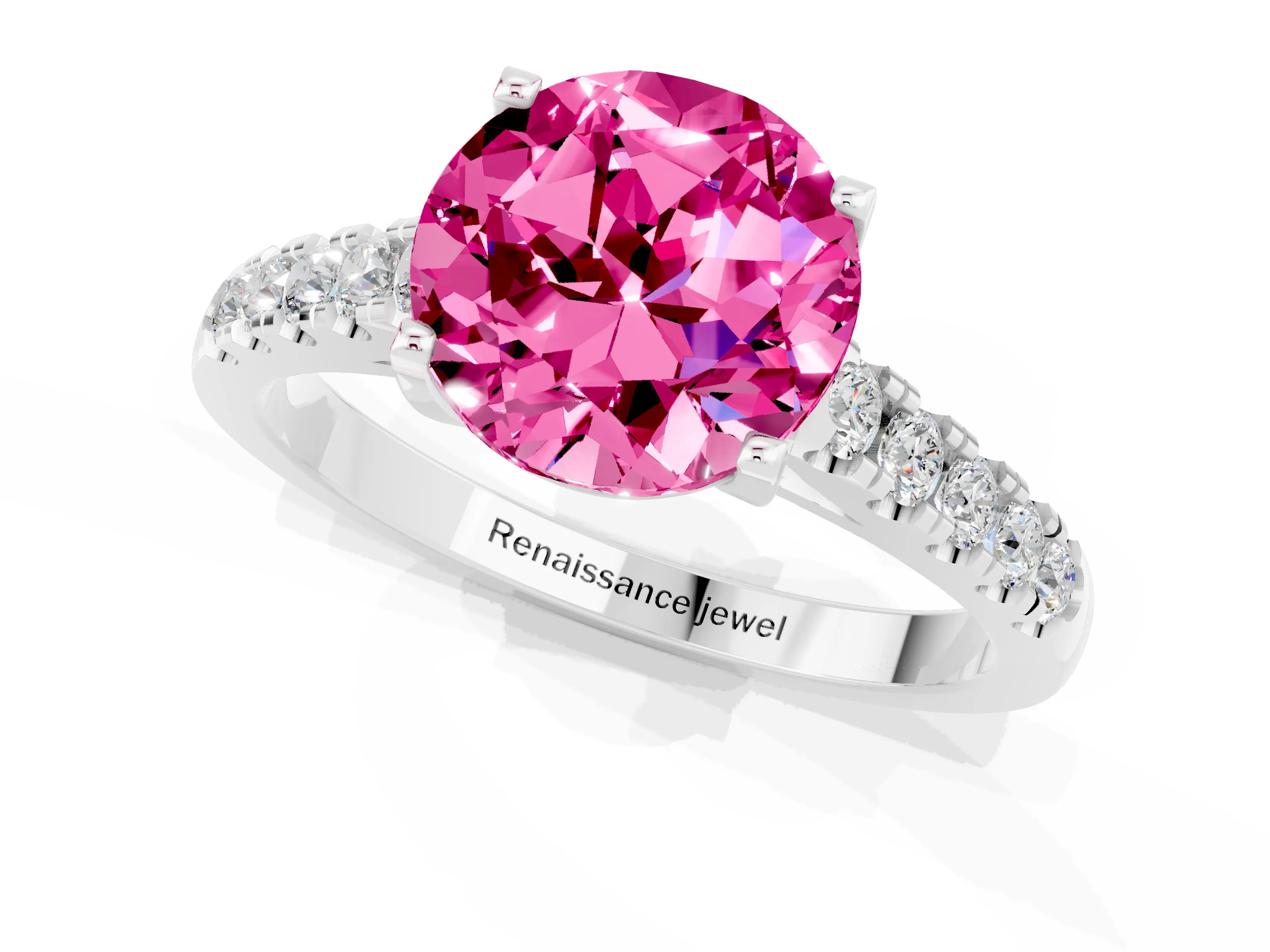 White gold {shape_name} Pink Sapphire Solitaire Ring with Pavé Band and Four-Prong Setting_1
