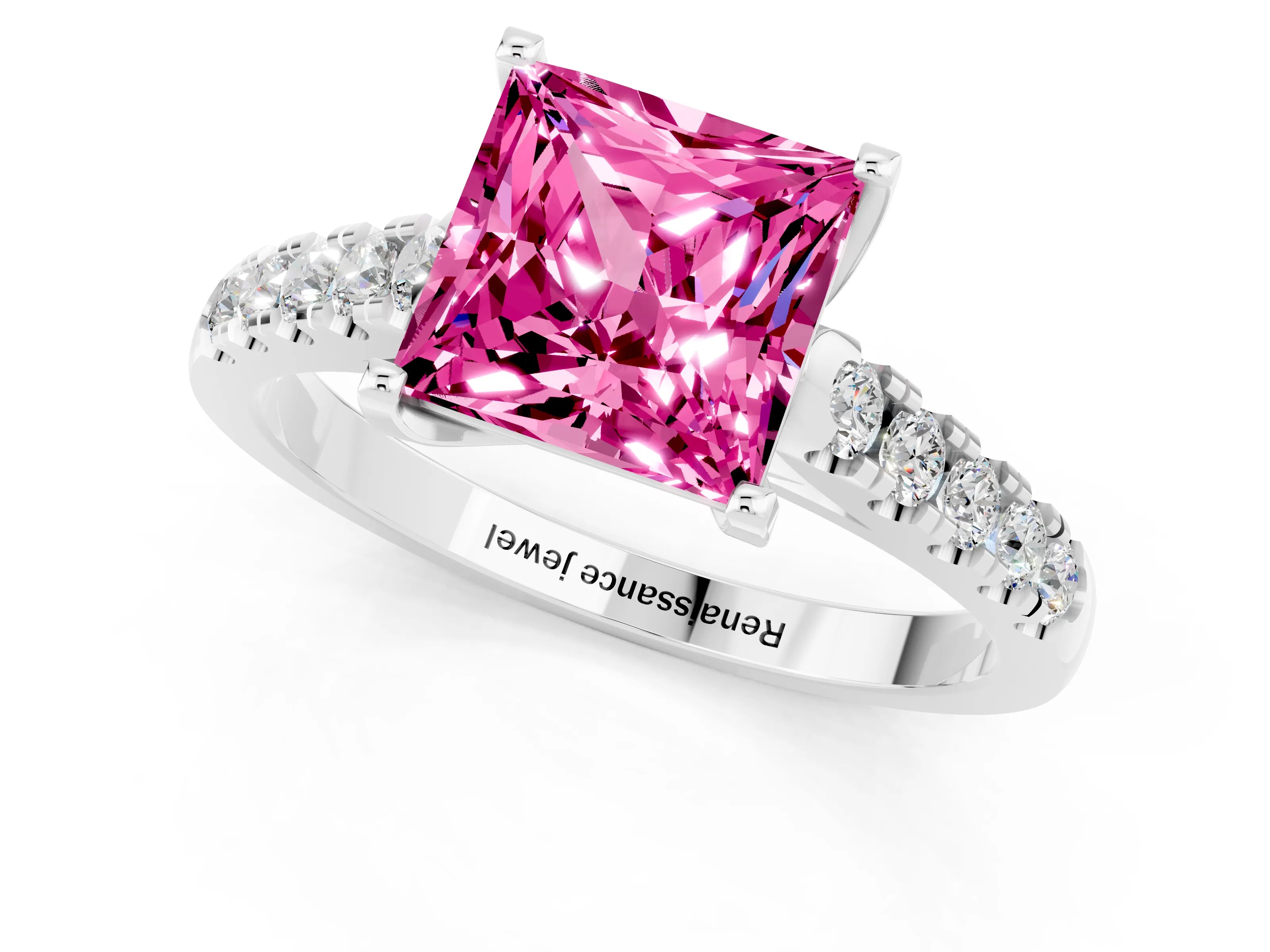 White gold {shape_name} Pink Sapphire Solitaire Ring with Pavé Band and Four-Prong Setting_1