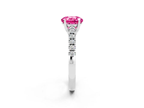 White gold {shape_name} Pink Sapphire Solitaire Ring with Pavé Band and Four-Prong Setting_2
